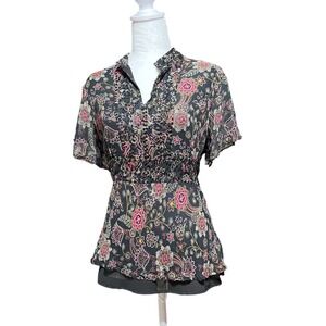 New York & Company Silk Babydoll Floral Paisley Beaded Peplum Blouse Boho Top XL
